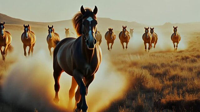 Wild horse running in the wild at sunset. A herd of mustangs galloping across open plains, dust flying behind them. Photo taken from a frontal view. Canon EOS camera with natural light.
