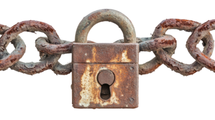 A close-up of a weathered padlock affixed to a rusted chain, symbolizing security, protection, and the passage of time in industrial settings.