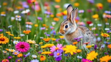 A curious little cottontail rabbit stands in a field of colorful wildflowers, sniffing and exploring the vibrant blooms, flowers, curiosity