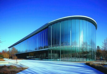 Fototapeta premium Modern Architectural Marvel Featuring Sleek Glass Facade with Curved Roof and Scenic Surroundings Under a Clear Blue Sky in a Contemporary Urban Environment