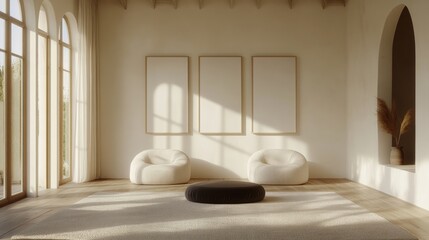 Minimalist interior design with soft seating and natural light