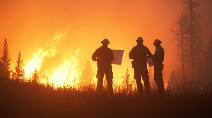 Fototapeta premium Firefighters Strategizing Near Wildfire
