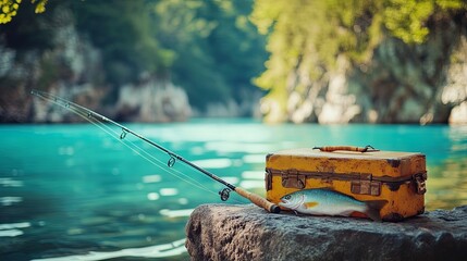 A Fathers Day fishing trip with a tackle box, fishing rod, and freshly caught fish