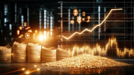The image features bags of grain, a pile of gold, and a dynamic financial graph, symbolizing wealth, investment, and agricultural prosperity.