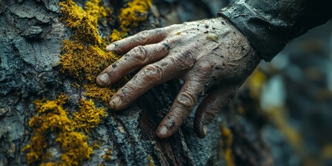 A serene hand touching moss on a tree trunk in the forest, symbolizing a connection to nature. Ideal for conservation and Earth Day projects.