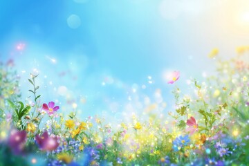 Fototapeta premium Beautiful spring background with a pastel blue sky, and meadow with colorful wildflowers, copy space.