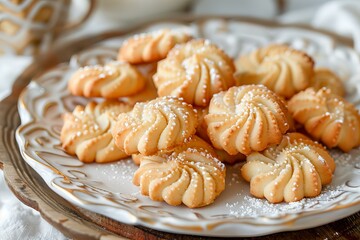 Delicious homemade shortbread cookies are arranged on a decorative plate, creating a tempting display for any dessert lover