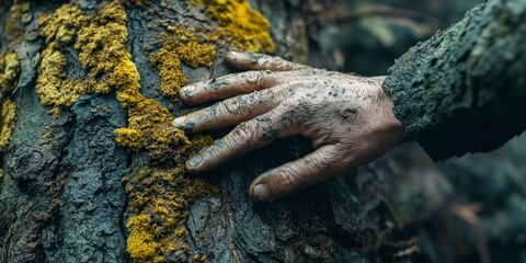 A serene hand touching moss on a tree trunk in the forest, symbolizing a connection to nature. Ideal for conservation and Earth Day projects.