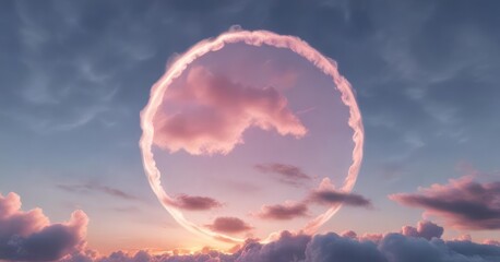 A delicate puffy white cloud with a subtle pink hue surrounding a circular shape in the clear blue sky at sunrise, , weather, nature