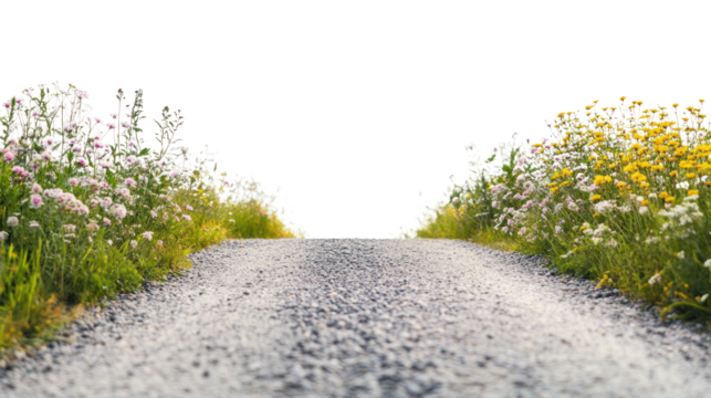 A scenic view of a winding gravel road flanked by colorful wildflowers, inviting exploration and evoking a sense of tranquility and nature's beauty.