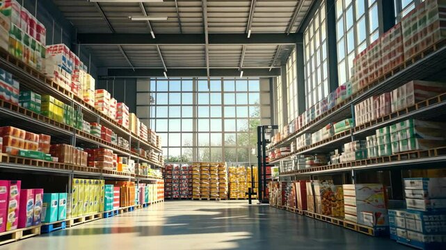 Grocery store aisle filled with shelves of canned goods. Jars and cans at self in supermarket. Retail market, food storage, warehouse management.