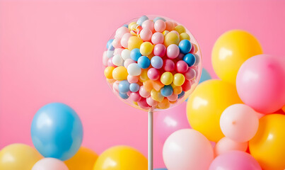 A colorful display of balloons and a large gumball-like structure against a pink background.