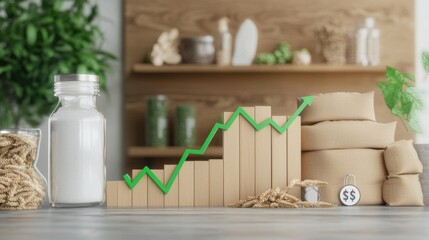 A growth chart made of wooden blocks shows an upward trend beside a milk bottle and bags, symbolizing financial success and sustainability.