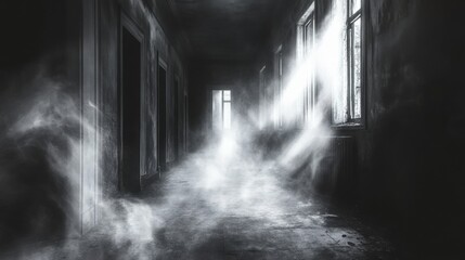 Eerie Haunted Hallway with Light Rays and Fog in Abandoned Building