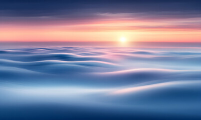 Fototapeta premium Serene sunrise over a boundless sea of clouds, painting the sky with pastel hues. A breathtaking aerial view of nature's ethereal beauty.