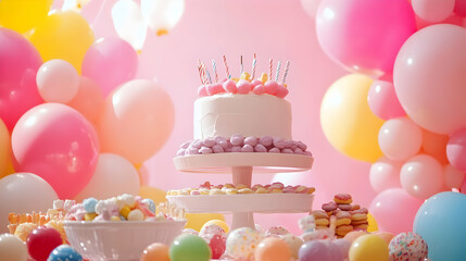 A colorful dessert display featuring a cake and various sweets, perfect for a celebration.