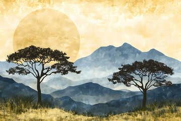 Serene landscape painting of two trees silhouetted against a majestic mountain range under a large, golden sun.  Perfect for wall art or home decor.