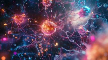 Fototapeta premium Virus particles interacting with human cells, [virus, medical breakthrough, research concept], [scientific realism, intricate detail, vibrant lighting]