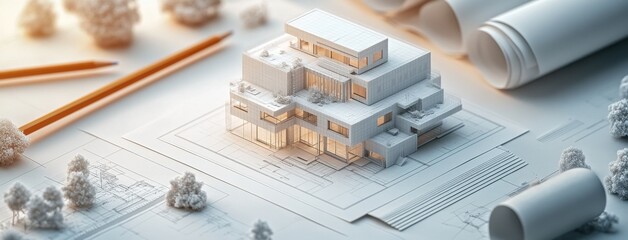 Modern Architectural Model on Blueprints with Tools and Materials Showcasing Creative Design Process for Building Construction and Planning