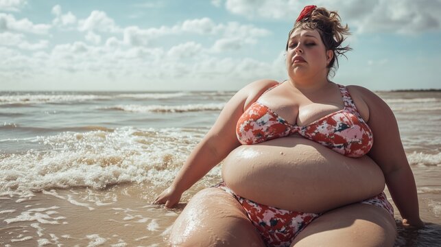Very fat sad woman in swimming suit on summer beach sea.