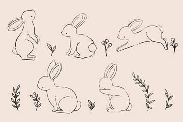 Fototapeta premium Line Art Bunny and Floral Illustration. Hand Drawn Rabbits. Cute Bunny Rabbit Outline Sketch. Easter Bunny Line Art.