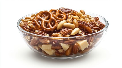 Assorted Snack Mix with Pretzels, Nuts, and Sweet Treats in Bowl