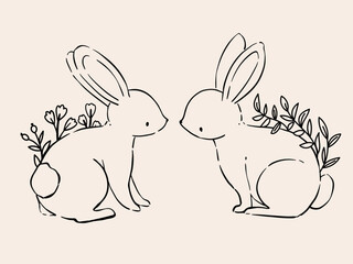 Line Art Bunny and Floral Illustration. Hand Drawn Rabbits. Cute Bunny Rabbit Outline Sketch. Easter Bunny Line Art.