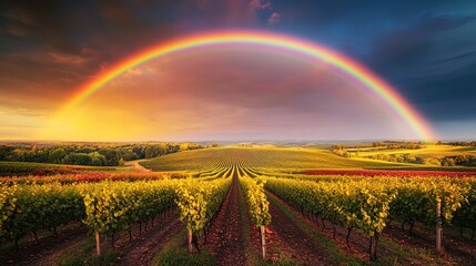 Fototapeta premium Autumn Vineyard Landscape With A Vibrant Rainbow Arcing Overhead