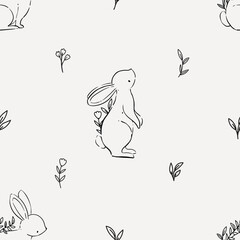 Line Art Bunny and Floral Seamless Pattern. Hand Drawn Outline Rabbit Illustration.
