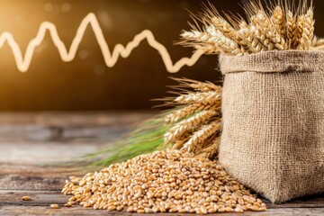 A burlap sack filled with grains sits beside spilled seeds, with wheat stalks and a background graph indicating market trends.