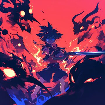 Heroic Figure Battles Fiery Creatures with Keyblade Amidst Red Flames and Dark Shadows