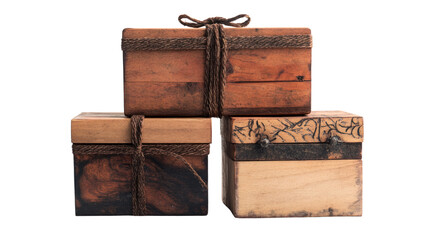 A rustic arrangement of three wooden boxes tied with twine, showcasing natural textures and earthy tones, ideal for storage or decorative purpose.