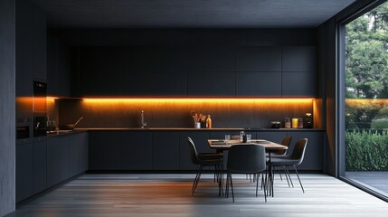 Modern kitchen interior with dark cabinetry and warm lighting