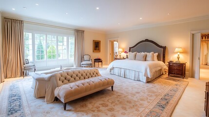 Fototapeta premium Spacious luxury bedroom featuring soft pastel tones and highend linens