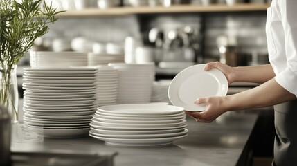 In the bustling modern kitchen, the server carefully stacks clean plates, preparing for the steady flow of orders during the busy lunch rush.