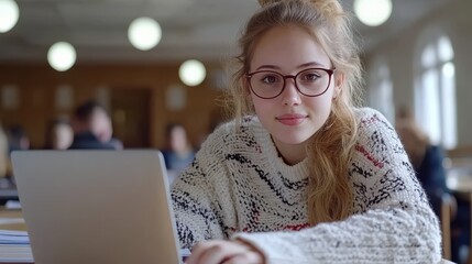 Young student in a cozy sweater working intently on a laptop in a softly lit library, exuding focus and academic determination.