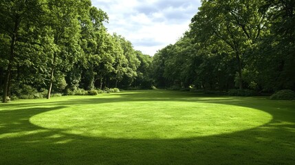 Sunlit circular meadow in a lush green park.  Peaceful nature scene for relaxation or environmental themes