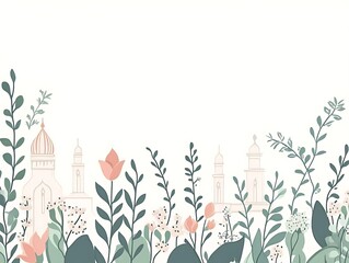 Floral Garden Scene Featuring Mosque Architecture