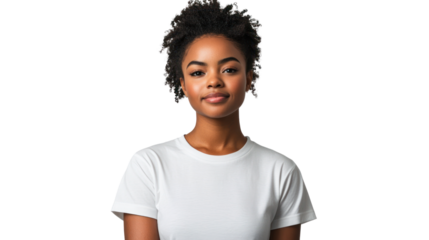 A confident young woman with natural hair stands facing the camera, wearing a plain white t-shirt. Her expression is calm and approachable, perfect for diverse themes.