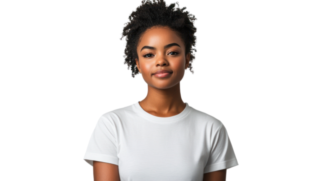 A confident young woman with natural hair stands facing the camera, wearing a plain white t-shirt. Her expression is calm and approachable, perfect for diverse themes.
