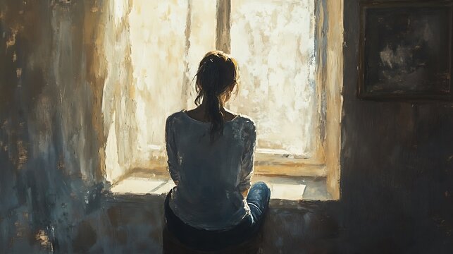 An adult seated near a window with light filtering in creating a reflective and serene mood