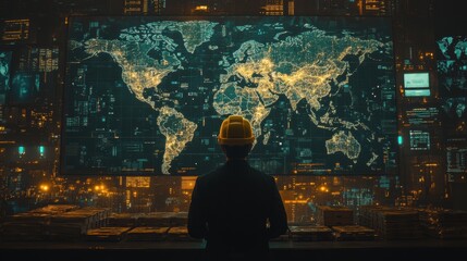 Worker in Hard Hat Observing Digital World Map Displaying Data