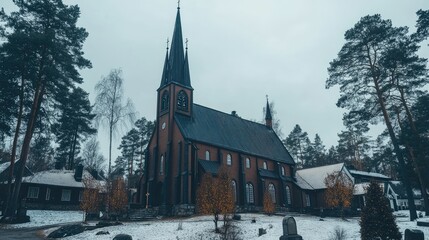 Church winter landscape, snowy graveyard, nordic village, gloomy atmosphere, religious travel