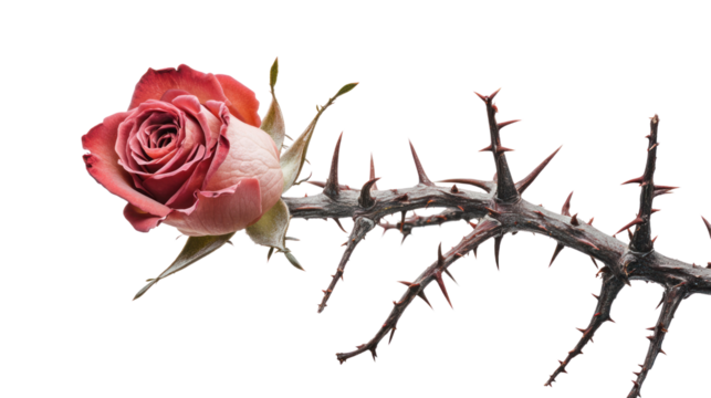 A stunning rose blooms gracefully, adorned with delicate petals and sharp thorns. This image captures the beauty and complexity of nature's creations.