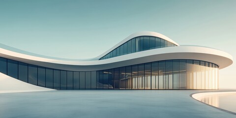 Fototapeta premium Modern Minimalist Architecture Featuring Curved Facade and Expansive Windows Reflecting Natural Light in a Serene Landscape Setting