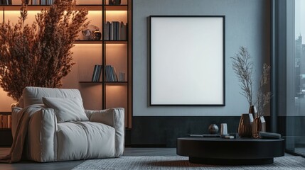 Modern Living Room with Cozy Armchair and Blank Picture Frame