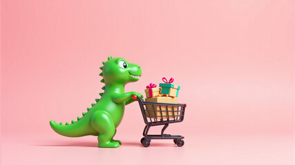 Naklejka premium A playful green dinosaur toy pushing a cart filled with colorful gifts, ideal for children.