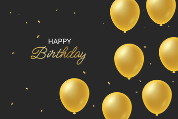 Happy Birthday Text with Balloons and Gold Confetti. Wallpaper. Vector Illustration