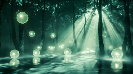 A surreal depiction of glowing floating orbs in a dark forest, casting soft reflections on the misty ground, with beams of moonlight piercing through the trees