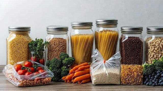 A colorful assortment of pasta, grains, and fresh vegetables is beautifully arranged in jars and bags, showcasing healthy ingredients